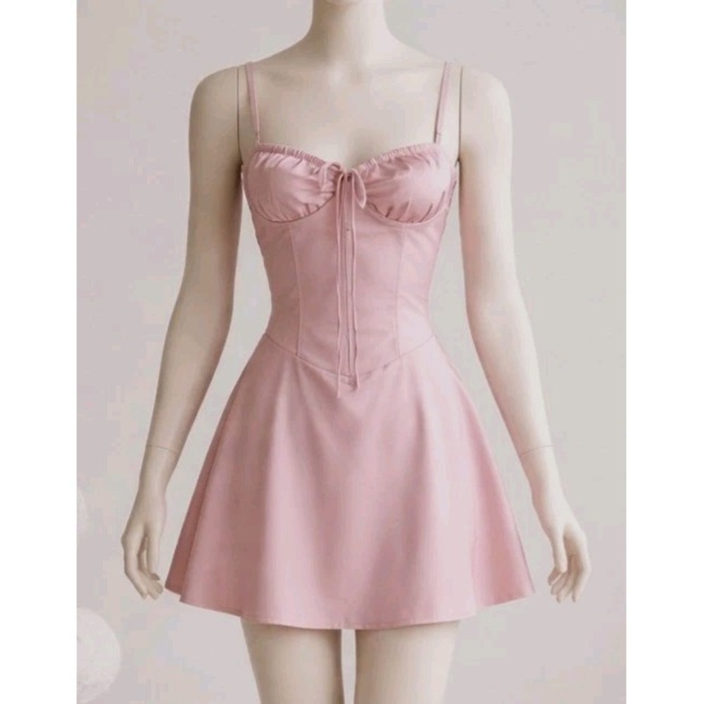 Pink Satin Corset Mini Dress Juniors M Back Laces Romantic Coquette Babydoll